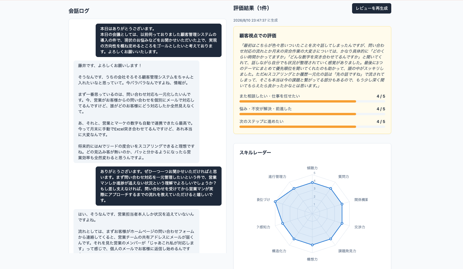 PMaaS Dojoの評価画面。会話ログとスキルレーダー、顧客視点での評価が表示されている